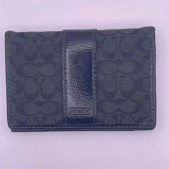 Coach Small Wallet- Black Coach Signature Logo Fabric with Black Patent - Picture 1 of 9